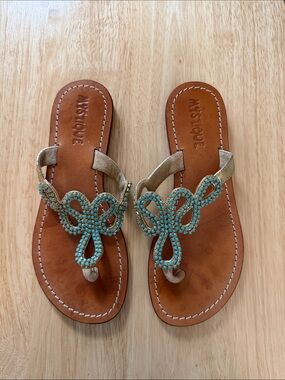 Mystique Boutique Tan Leather Sandals with Turquoise Bead Accent
